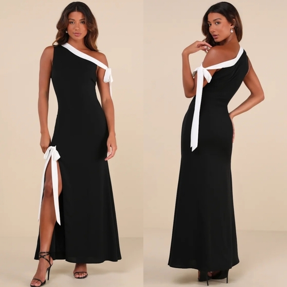 Lulus Dresses & Skirts - Lulus Intriguing Demeanor Black and White Bow One-Shoulder Maxi Dress XL Wedding